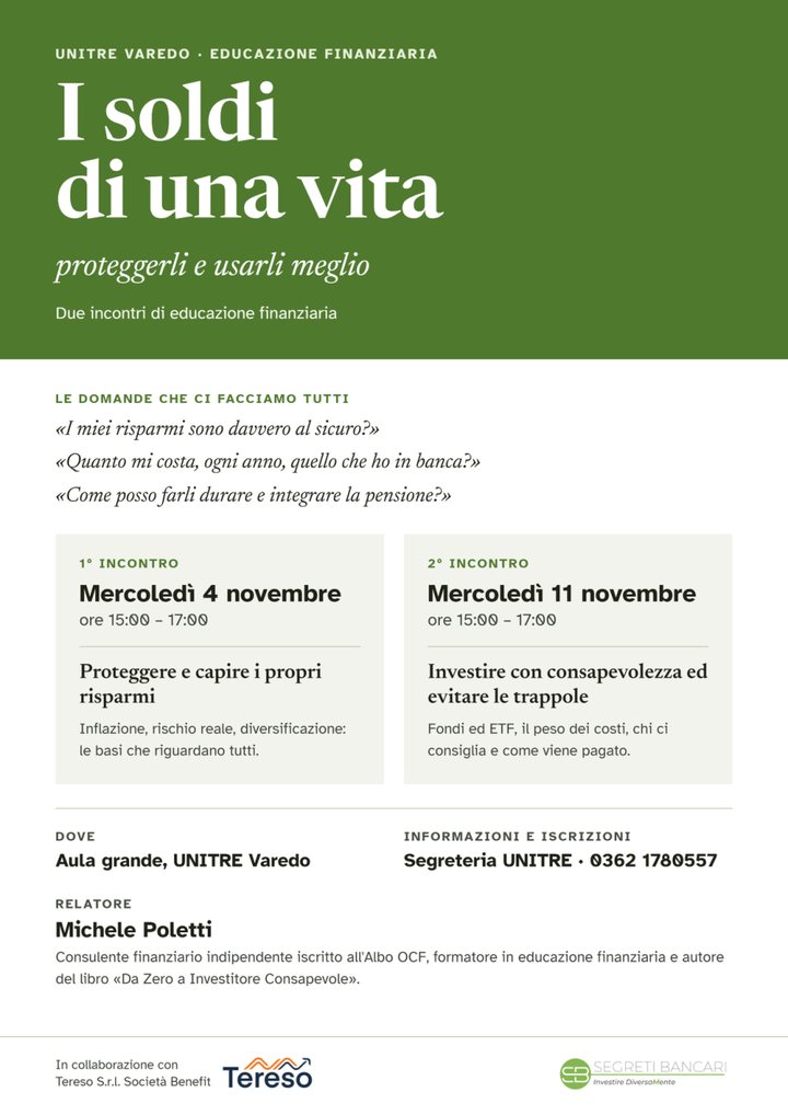 Locandina del corso «I soldi di una vita» all'Unitre di Varedo, mercoledì 4 e 11 novembre, ore 15:00